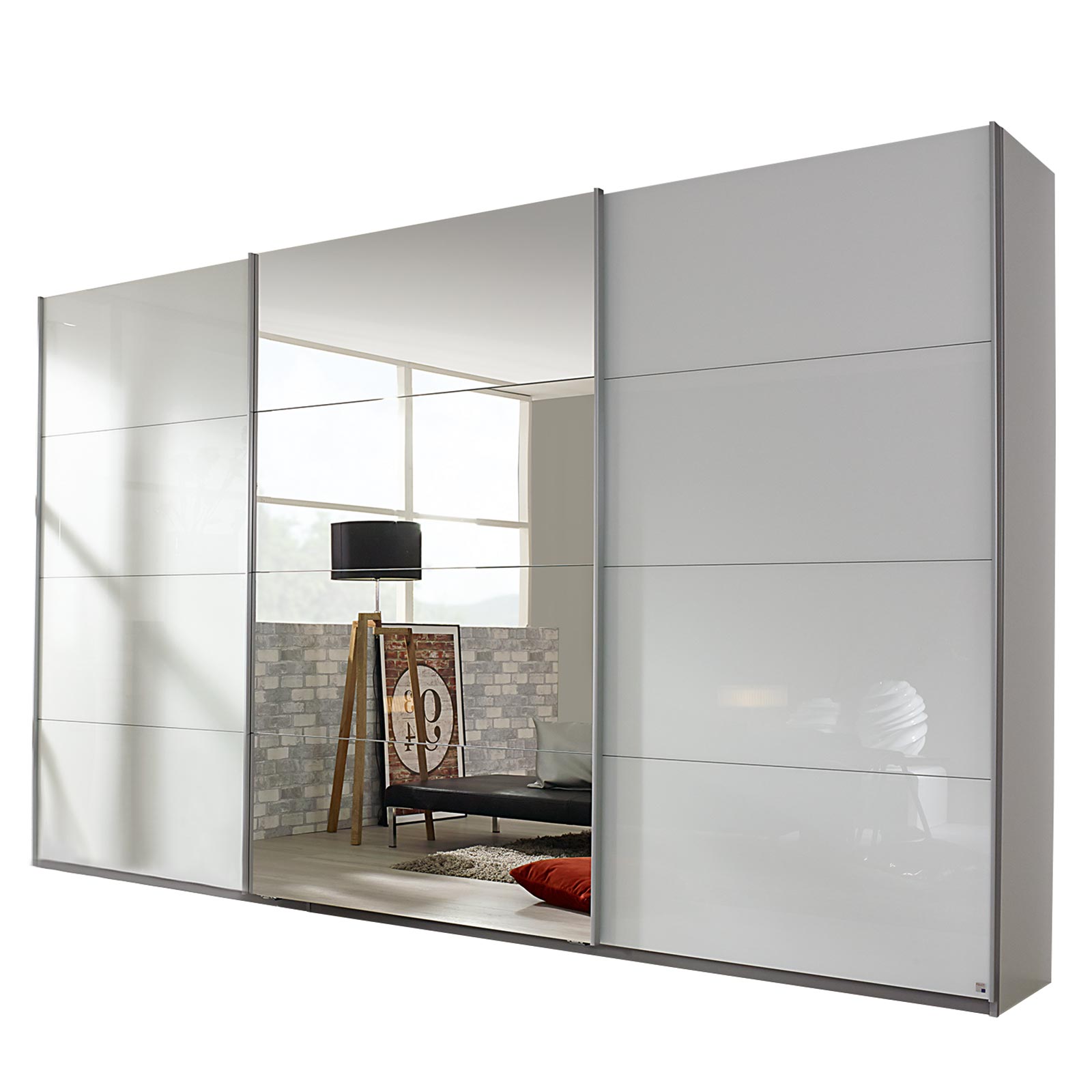 Schwebetürenschrank - alpinweiß - mit Spiegel - 2 Glastüren - 360x229 cm