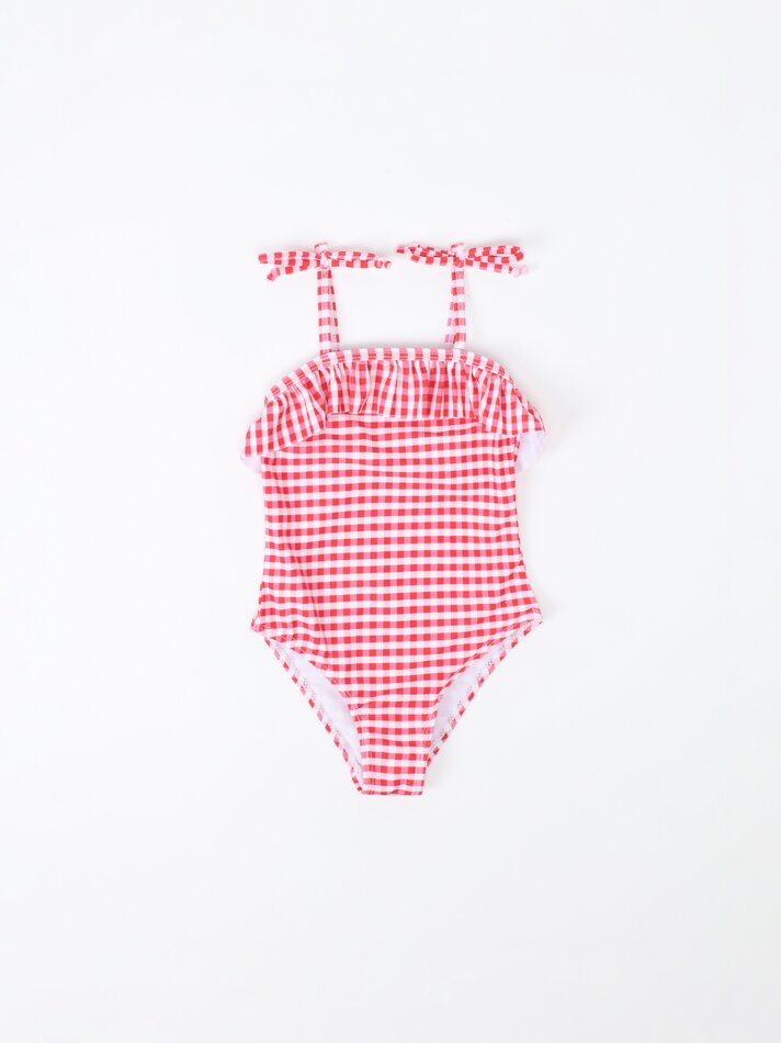 Maiô xadrez vichy com babados - Vermelho