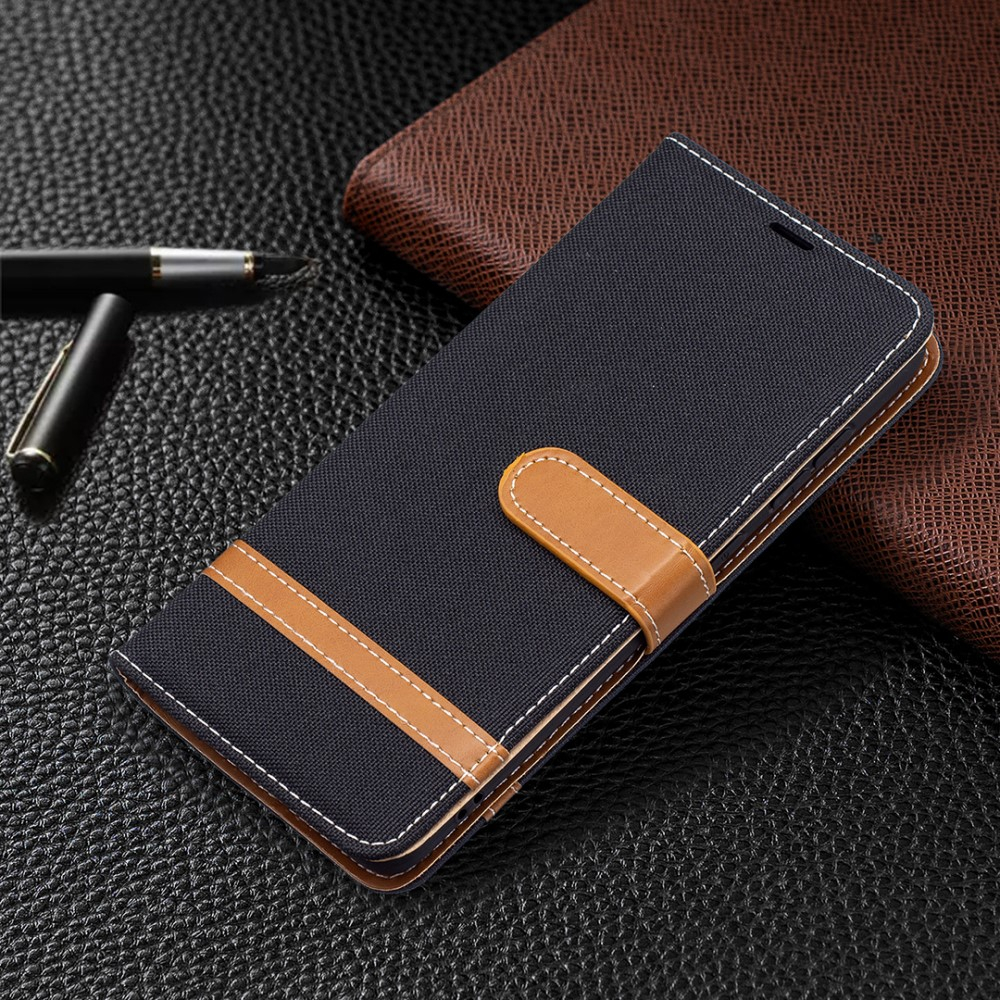 Samsung Galaxy S21 FE 5G Stoff Tasche im Jeans Look mit Kartenfach   Magnetverschluss - Schwarz / Braun