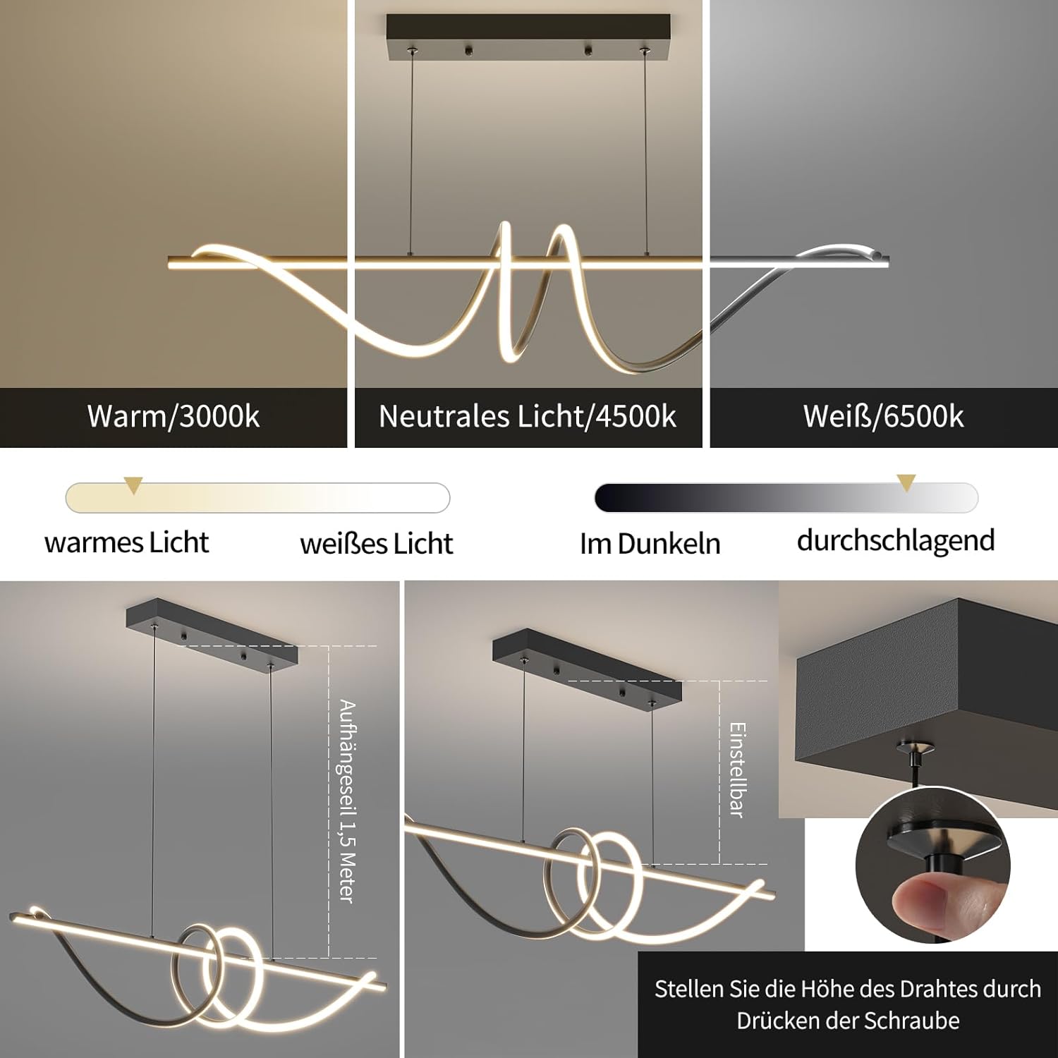 Mikeru 120cm Schwarze Spiral LED Pendelleuchte, Moderne Esszimmer Pendelleuchten Dimmbar 10%-100% 3000k/4500k/6500k Küchen Esstischlampe 1.5m Höhenverstellbare Hängelampe Esstisch für Restaurants