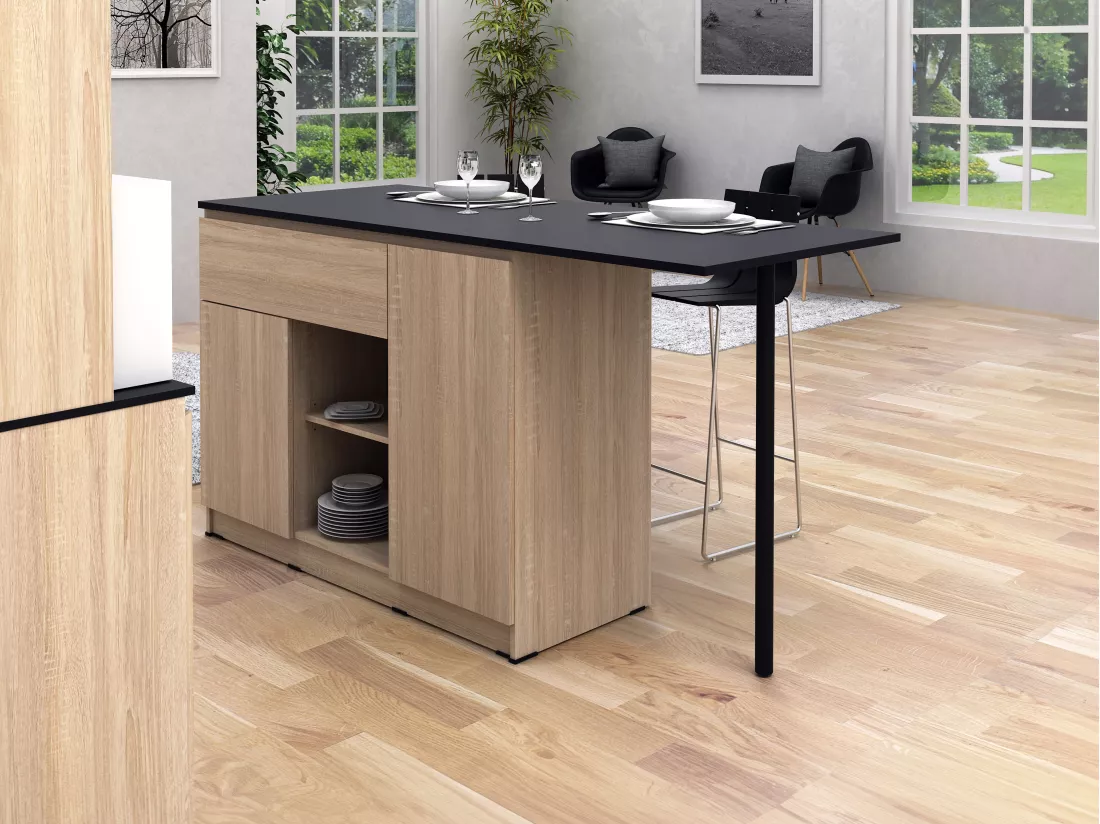 Ilot central de cuisine avec 2 portes, 1 tiroir et 2 niches - Naturel et noir - TUNORI