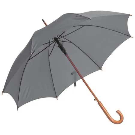 Macma Automatik-Regenschirm mit gebogenem Holzgriff und Holzspitzen, silber-grau