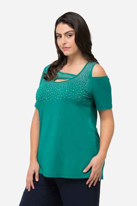 T-Shirt, Ziersteine, A-Linie, Cut-Outs, Halbarm