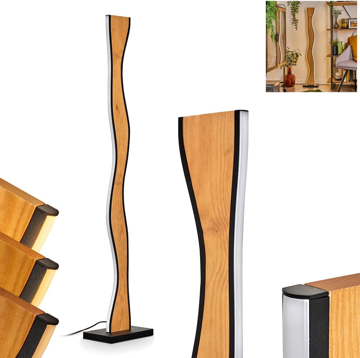LED Stehleuchte Malling, Stehlampe aus Metall/Holz/Kunststoff in Schwarz/Naturfarben/Weiß, Retro/Vintage-Design mit Schirm aus Holz, dimmbar über Fußschalter, 32 Watt, 1500 Lumen, 3000 Kelvin