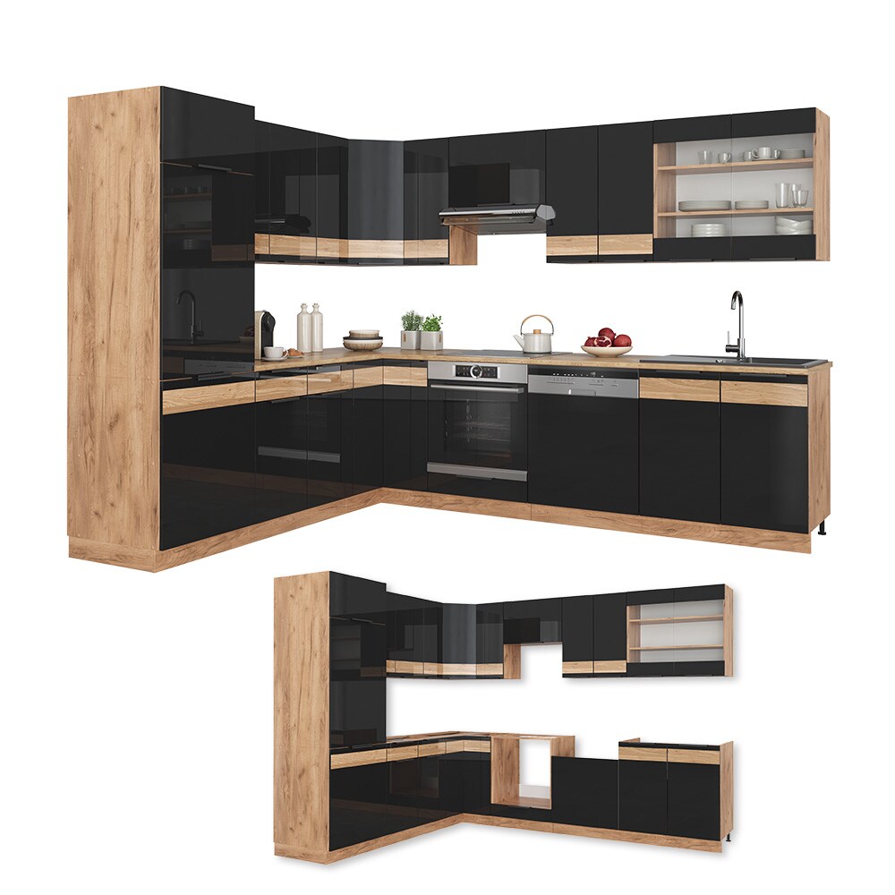Vicco Eckküche Küchenblock Einbauküche Fame-Line Eiche Schwarz 287x227 cm modern Hochglanz Küchenschränke Küchenmöbel