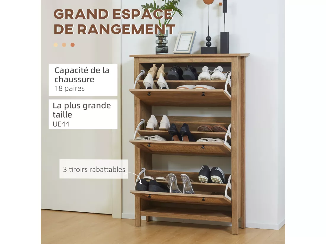 Meuble à chaussures 3 portes abattants dim. 80L x 23,5L x 121,5H cm aspect bois effet cannage rotin