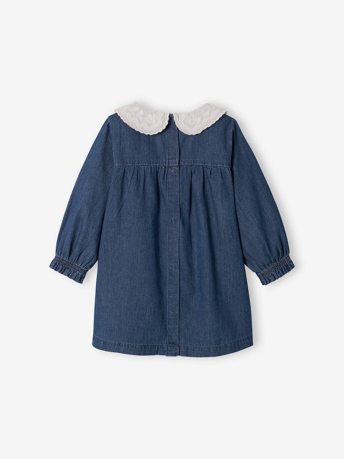 Vestido jeans com gola de chiffon bordada para bebê pedra