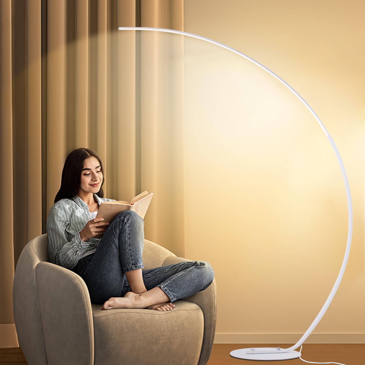 LED Stehlampe Wohnzimmer Bogenlampe, 25W Dimmbar Stehleuchte mit Fernbedienung, Weiß Modern Bogenleuchte 3 Farbtemperaturen & Memory-Funktion, Ecke Leselampe für Sofa Büro Schlafzimmer, 170CM