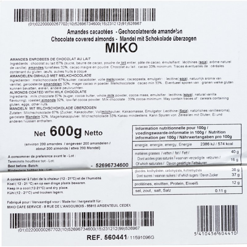 Amandines grillées enrobées de chocolat au lait Miko - Carton de 600 g - 200 pièces