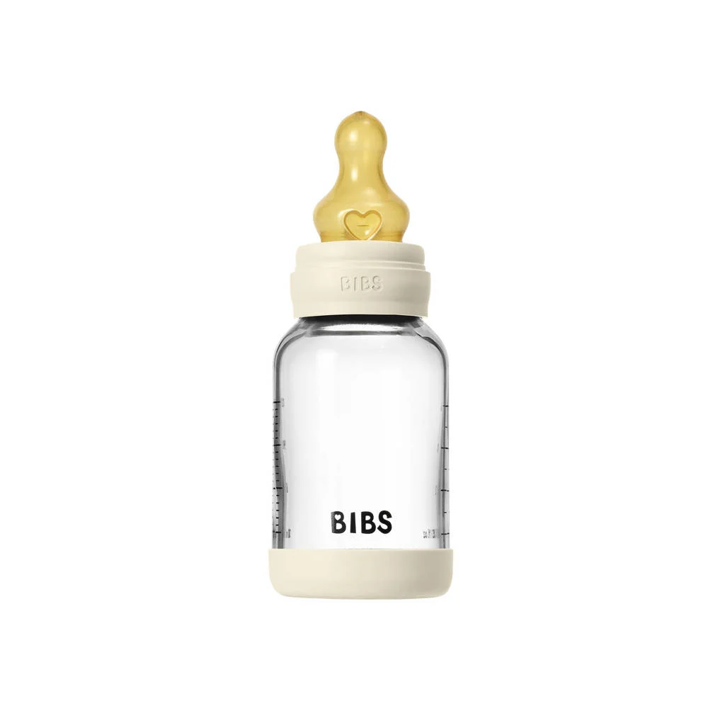BIBS Glazen Babyfles - 120 ml - Ivory - met latex speen en opvouwbare trechtertje