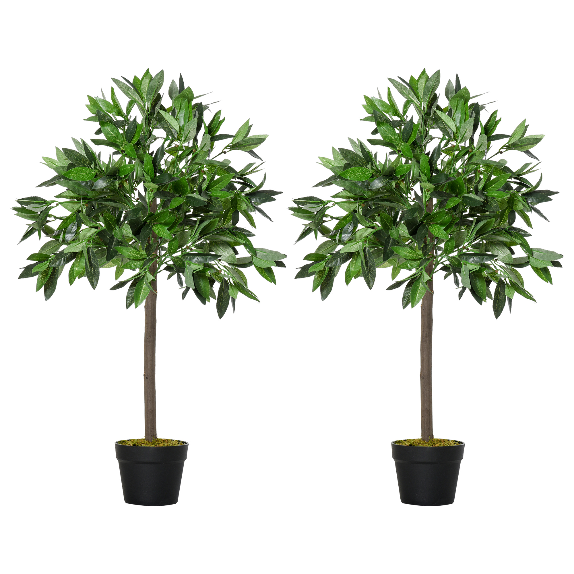 Outsunny 2 Árvores de Louro Artificiais, 90cm de Altura, Plantas Decorativas com Vaso para Casa, Sala de Estar, Uso Interno e Externo, Verde