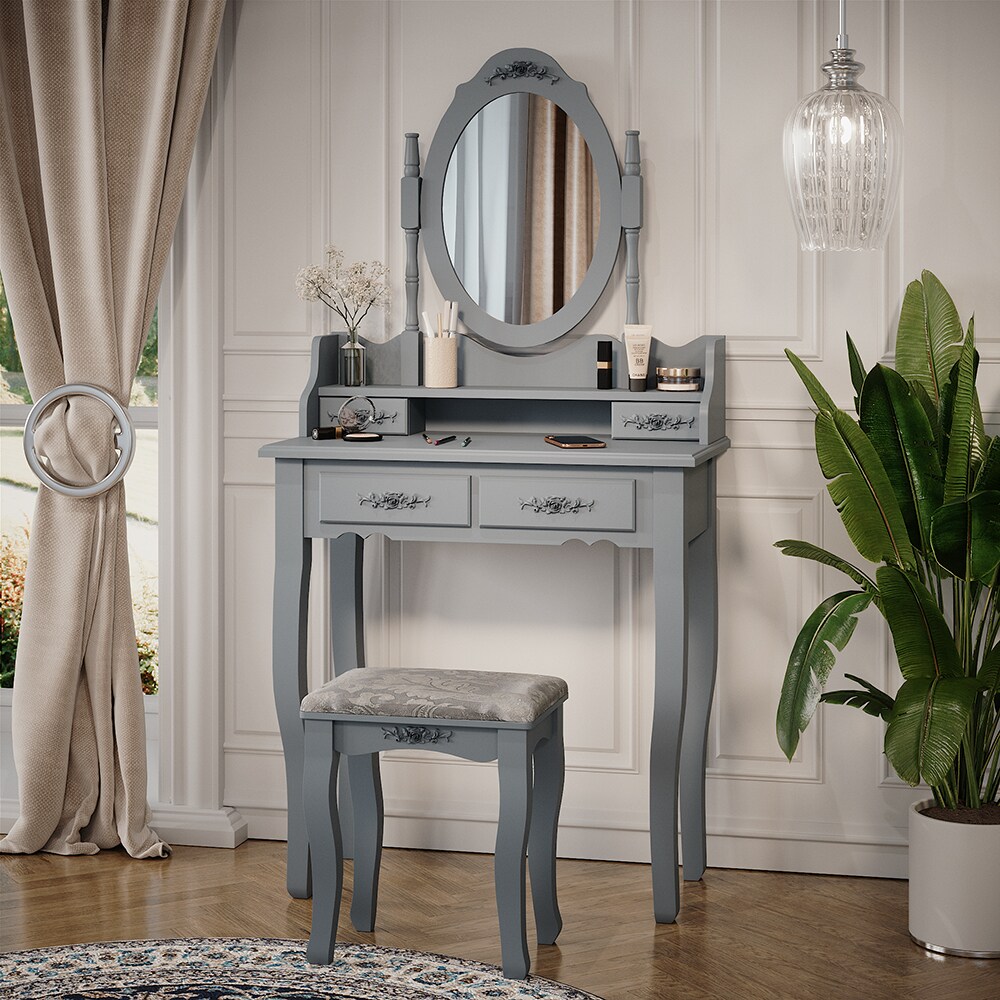 Vicco Schminktisch Frisiertisch Kosmetiktisch Meghan Grau Schminkspiegel Hocker 75x147 Barock Schlafzimmerkommode Schminkkommode Schwenkspiegel Schublade Aufbewahrung Frisierkommode Make-Up-Tisch