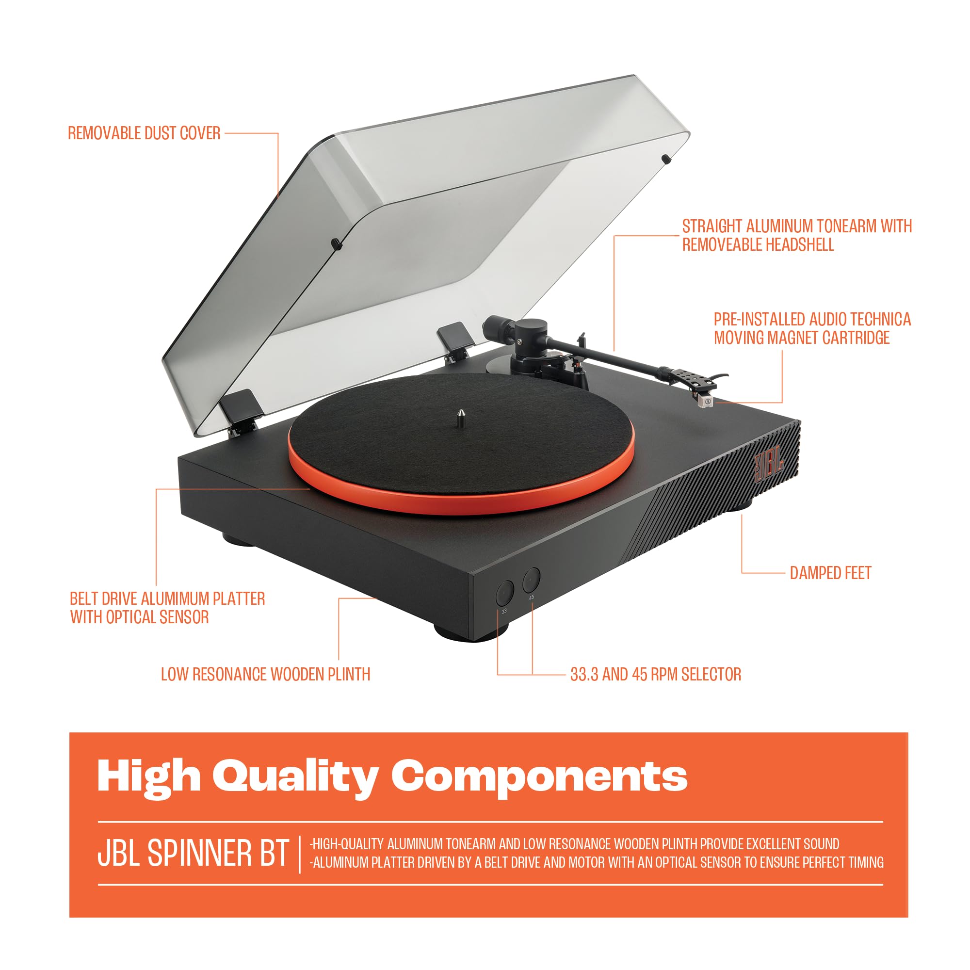JBL Spinner BT, Platine Bluetooth avec AptX-HD, design dynamique, porte-cellule amovible, plateau en aluminium et entraînement par courroie, cellule m