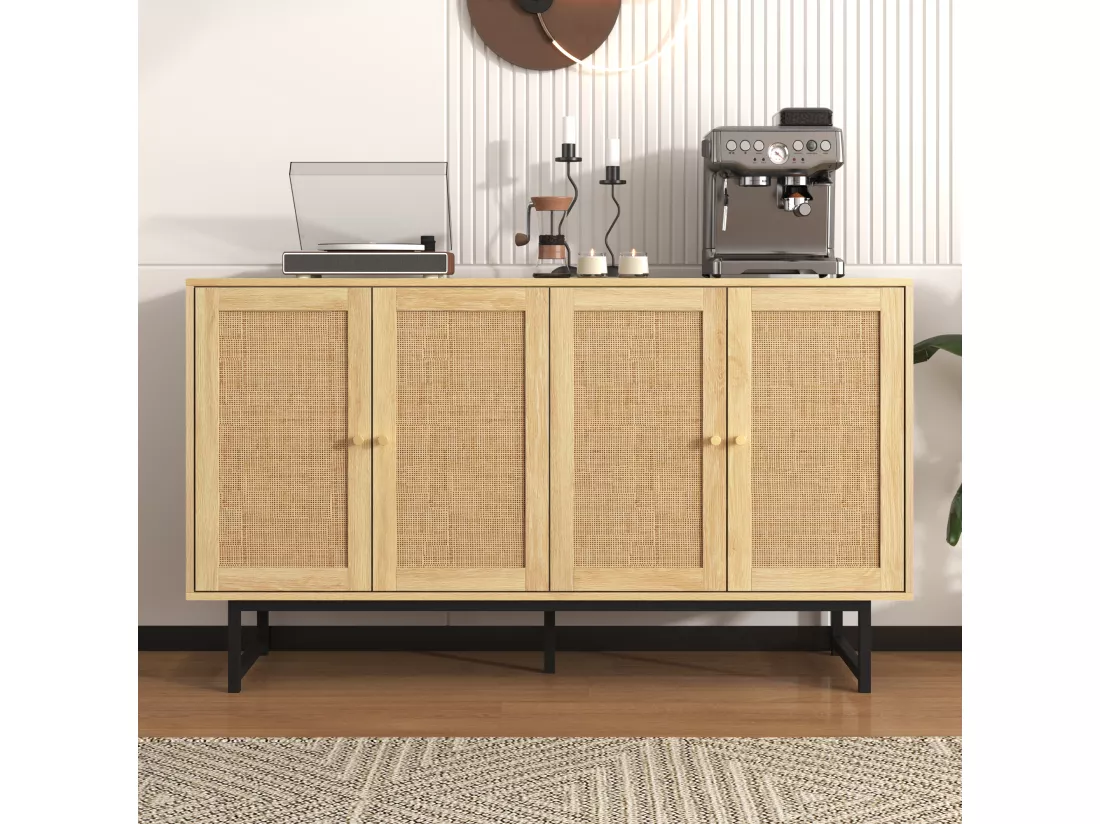 Buffet avec 4 portes en rotin - 140 x 39,5 x 80 cm - Panneau de particules - Coloris bois