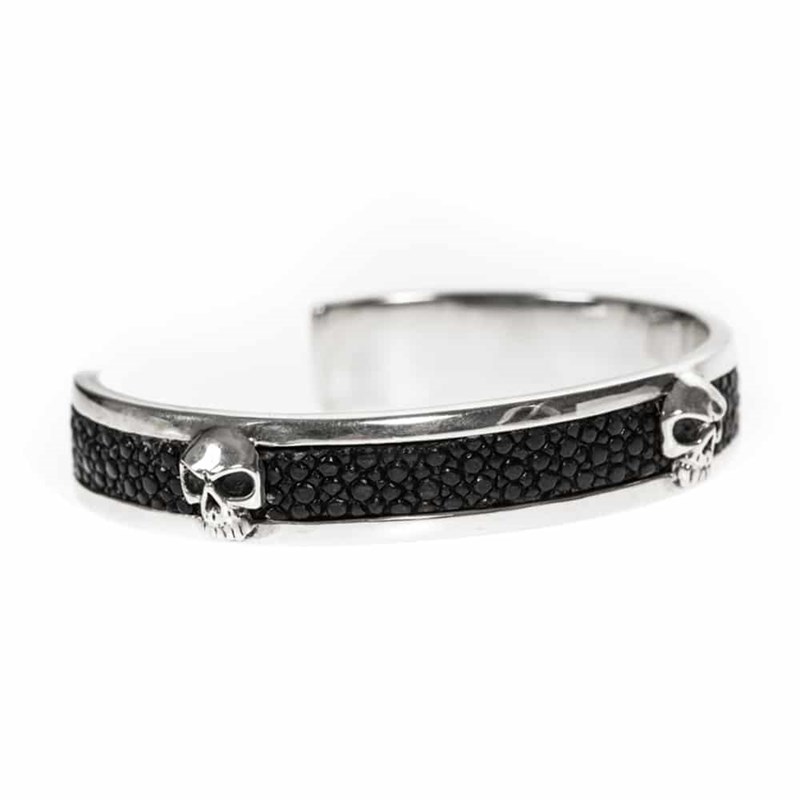 Bracelet Jonc Tête De Mort Argent Et Galuchat