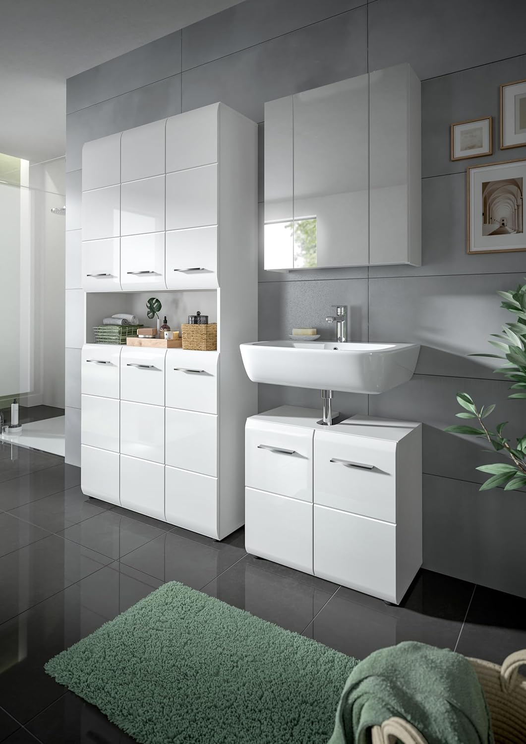 xonox.home – Mehrzweckschrank Ice 90x185x30 cm in Korpus weiß Nachbildung und Front weiß Hochglanz – weißer Badschrank Hochschrank breit – modern & platzsparend