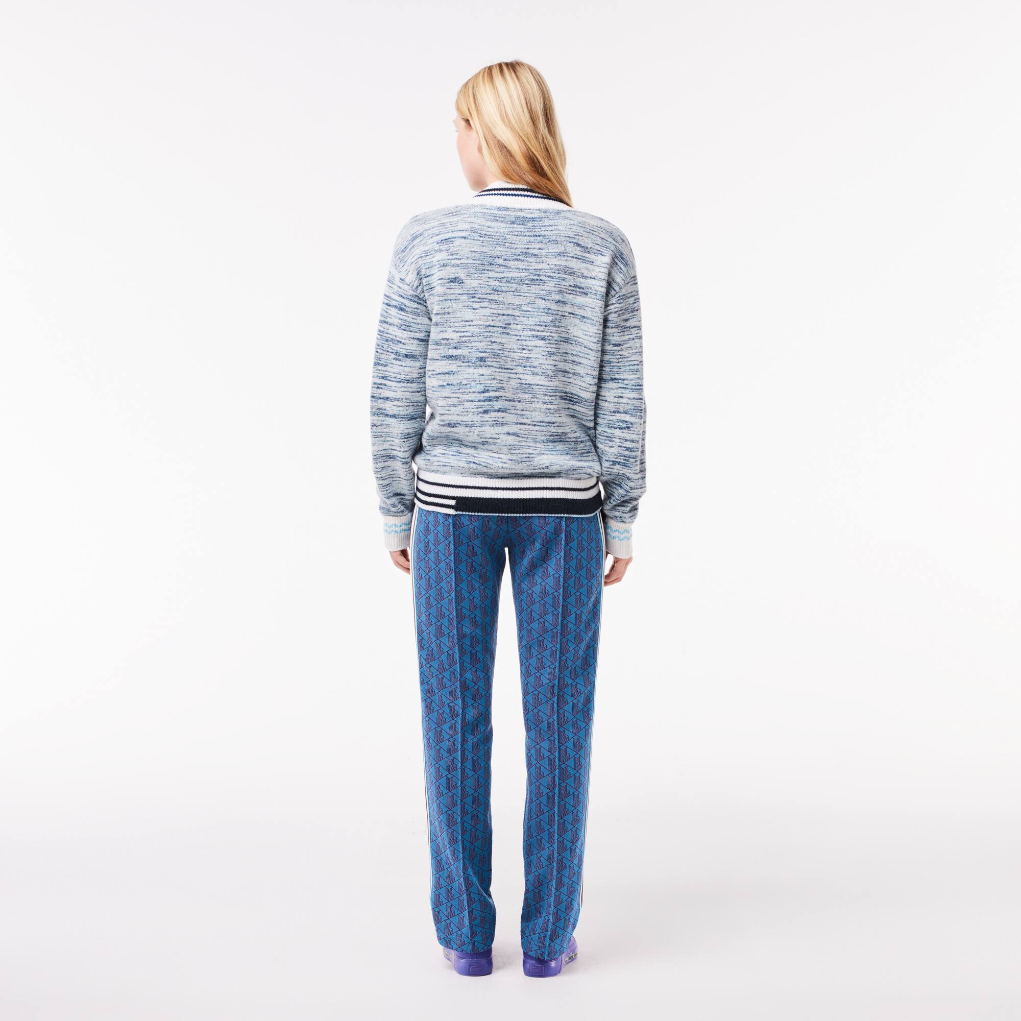 Alpaka-Pullover mit V-Ausschnitt und Kontraststreifen Pullover - Weiss - Lacoste - Damen