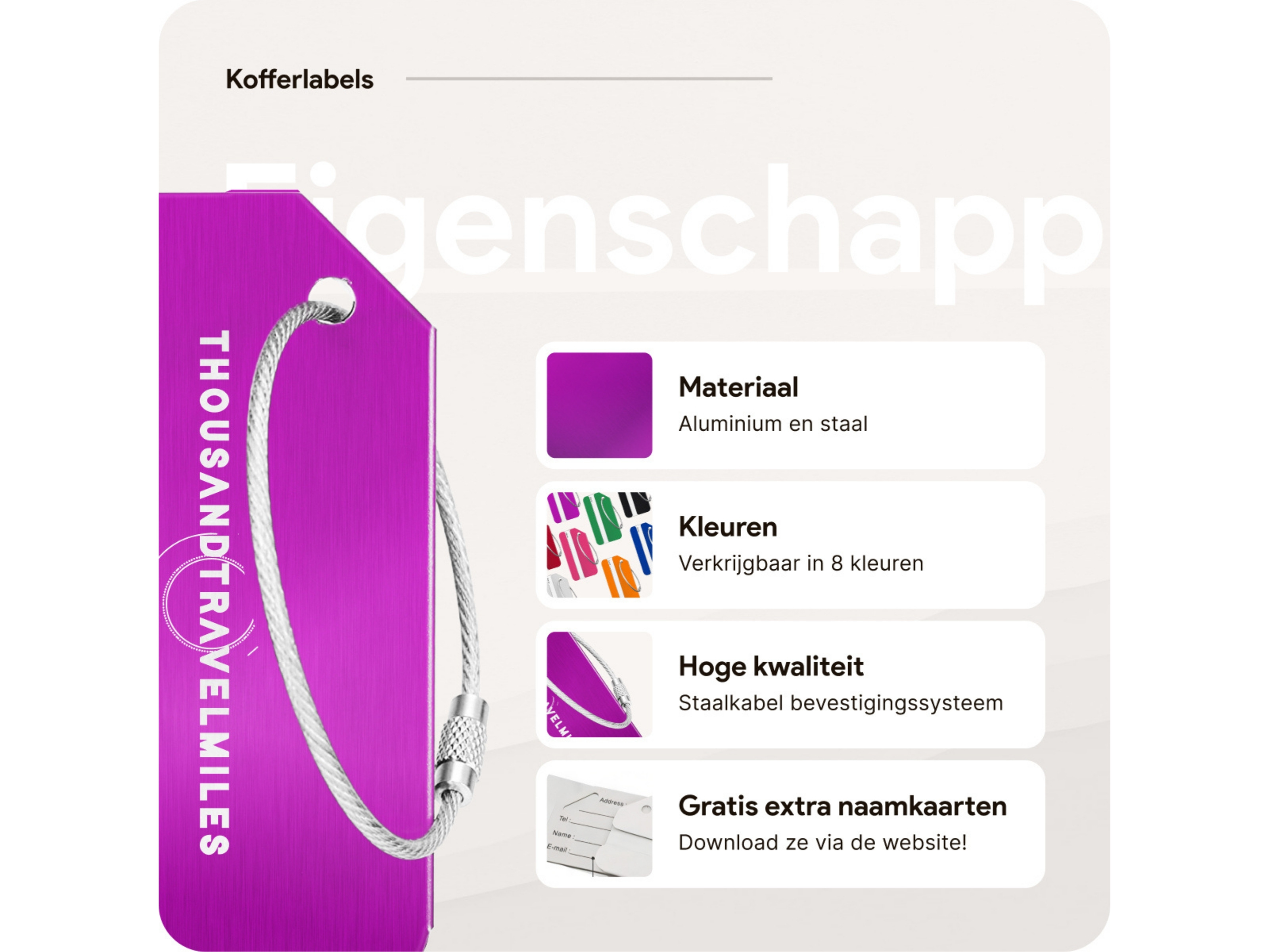 Thousandtravelmiles set van 4 Aluminium Bagagelabels - Purple