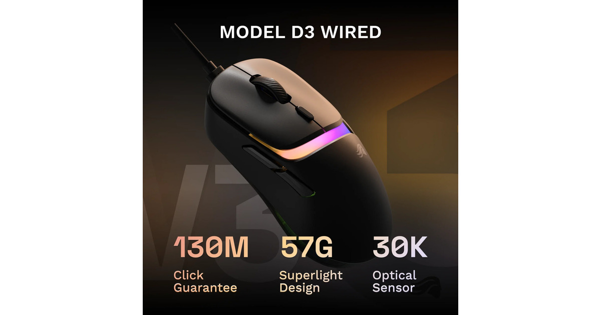 GloriousModel D 3 Wired gaming muis  (Zwart (mat), Tot 30.000 dpi, RGB)