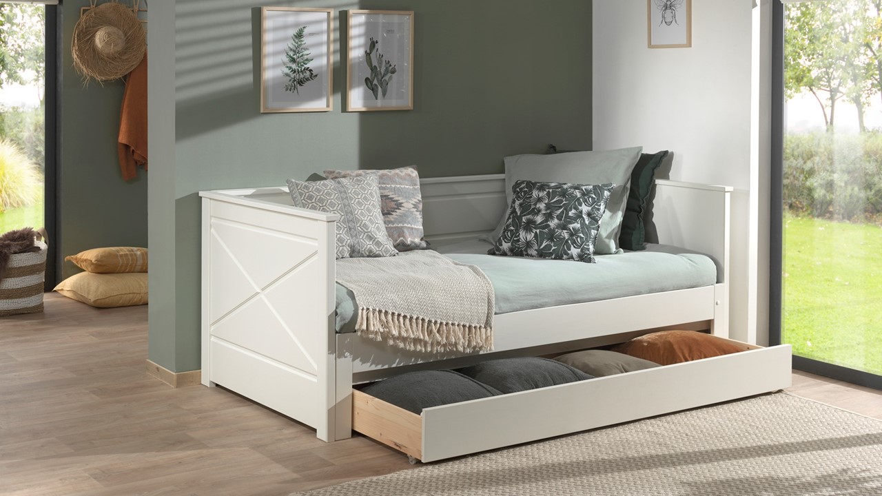 Kajuitbed paneel uitschuifbaar Pino met lade wit