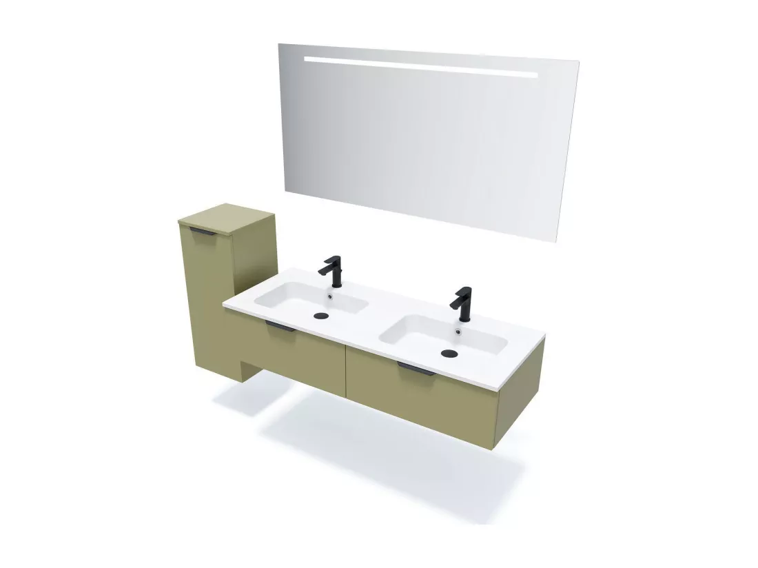 Meuble de salle de bain suspendu double vasque intégrée 140cm 2 tiroirs Vert olive - Soho