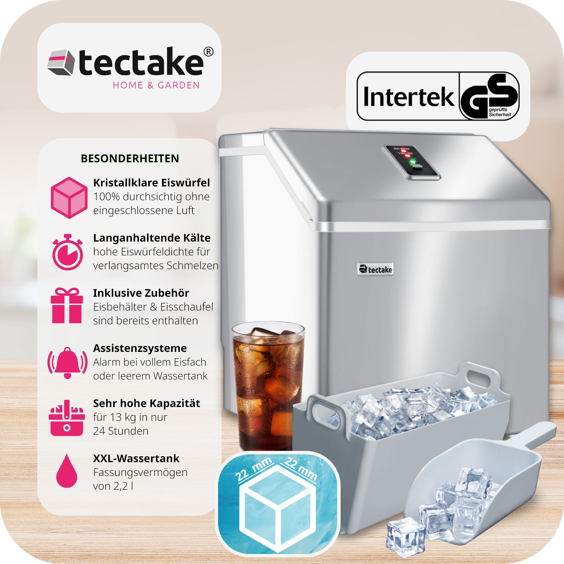 tectake® Eiswürfelmaschine, für klare Eiswürfel, 2,2 l Wassertank, 13 kg in 24 h, inklusive Eiskorb und Eisschaufel