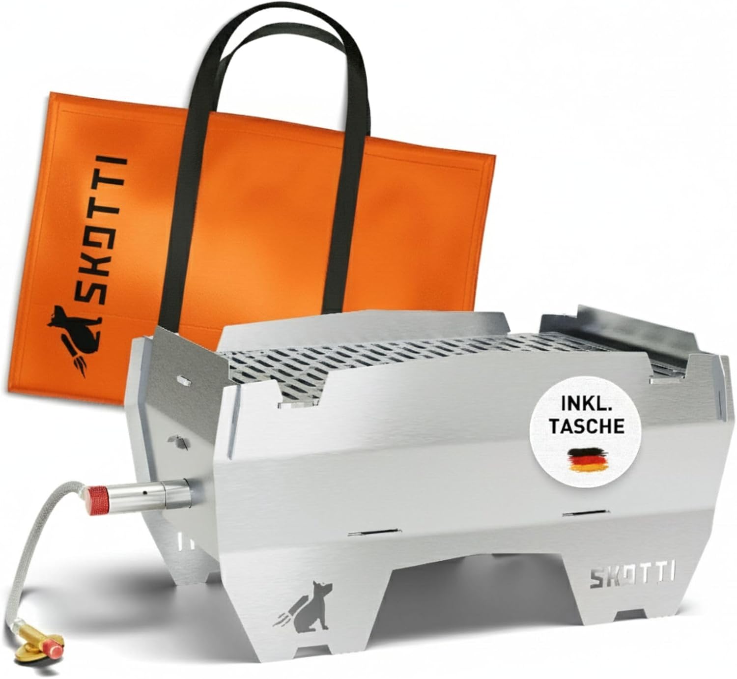 SKOTTI Grill Gas, Camping Grill Gas klein, Ideal für Camping, Festival oder Balkon, Gasgrill für Gaskartuschen, Kleiner faltbarer Campinggrill, Steckbarer Campingkocher für Grillen und Kochen