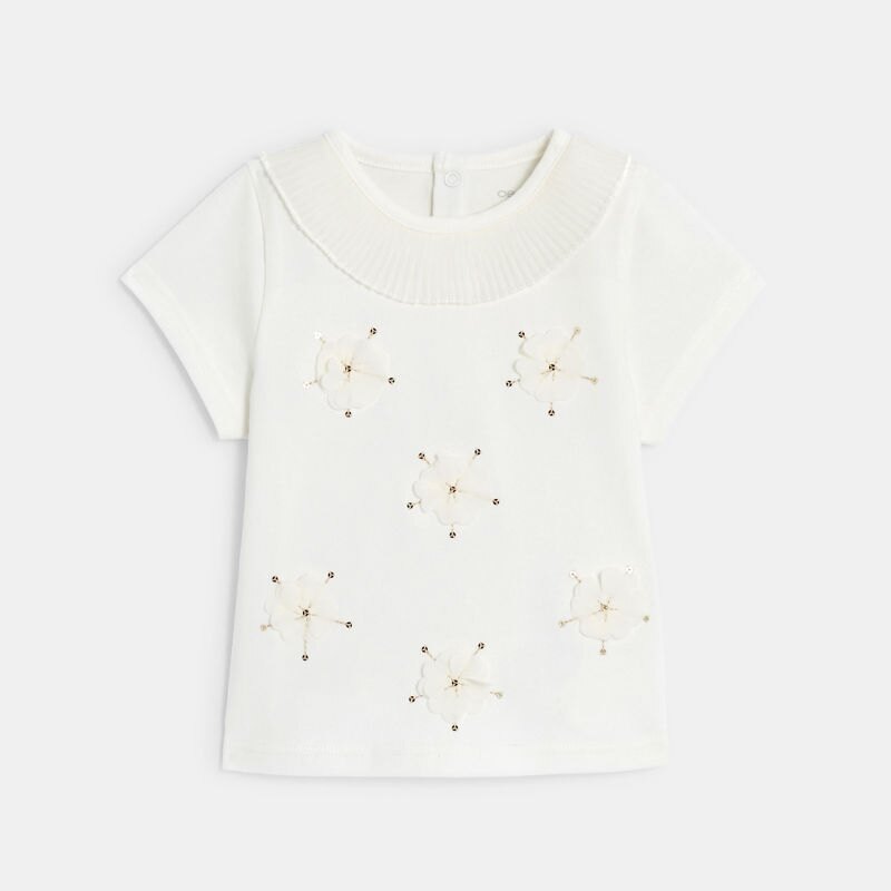 T-shirt fleurs brodées sequins blanc bébé fille Blanc