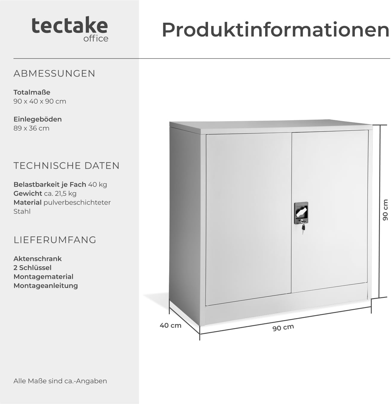 tectake® Aktenschrank abschließbar, Metallschrank mit Sicherheits-Zylinderschloss, Büroschrank abschließbar, Mehrzweckschrank aus Stahl, 3 höhenverstellbare Einlegeböden, 90 x 40 x 90 cm - grau