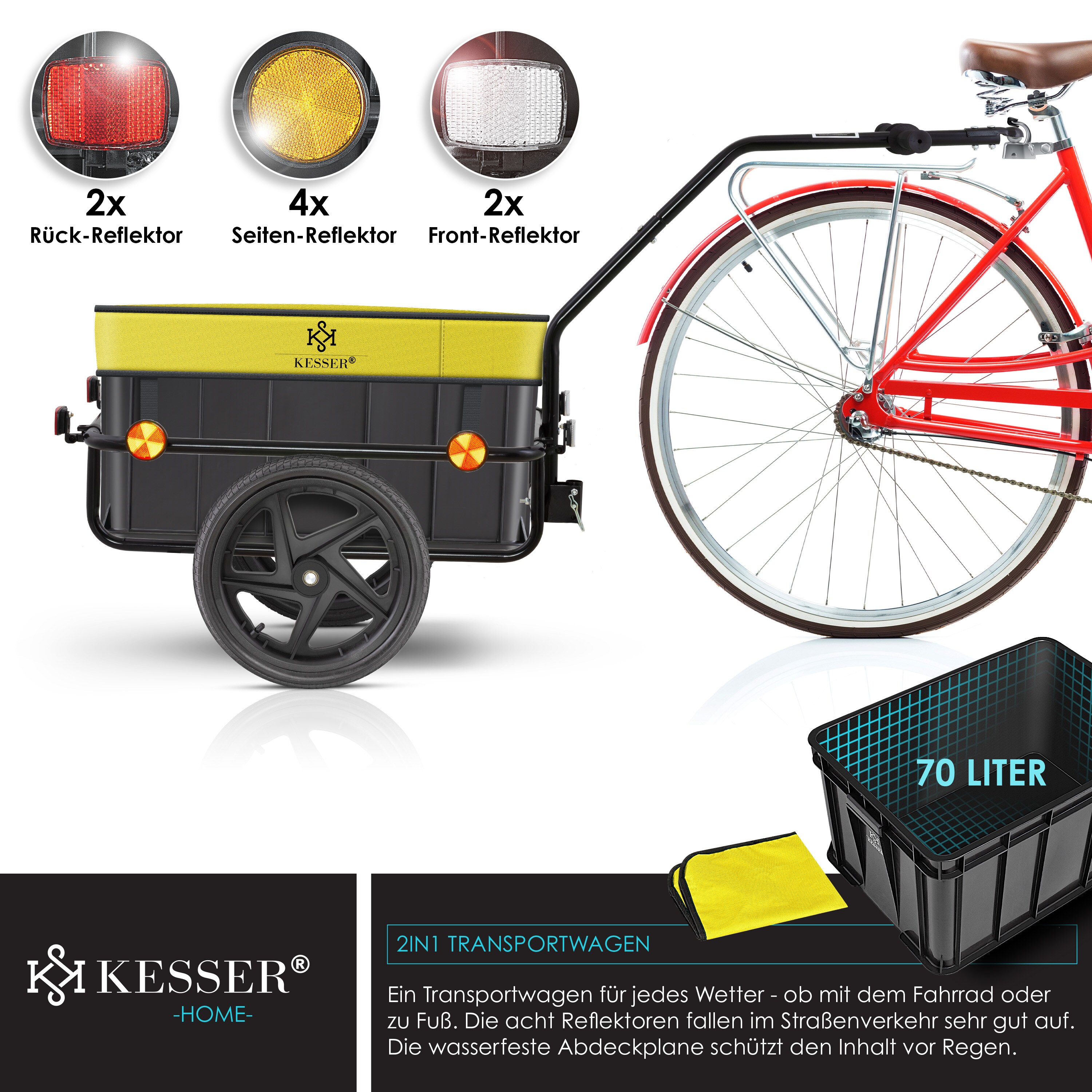 KESSER® Fahrradanhänger Lastenanhänger Handwagen mit Kupplung Hochdeichsel für Fahrrad Transportanhänger Transportbox mit 70 Liter Volumen Max. 60kgfür Fahrräder mit 26'' - 28''