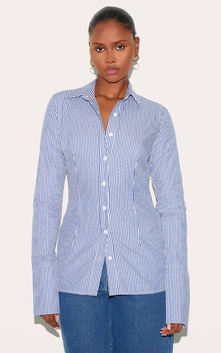 Bleu Chemise Cintrée Tissée À Fines Rayures