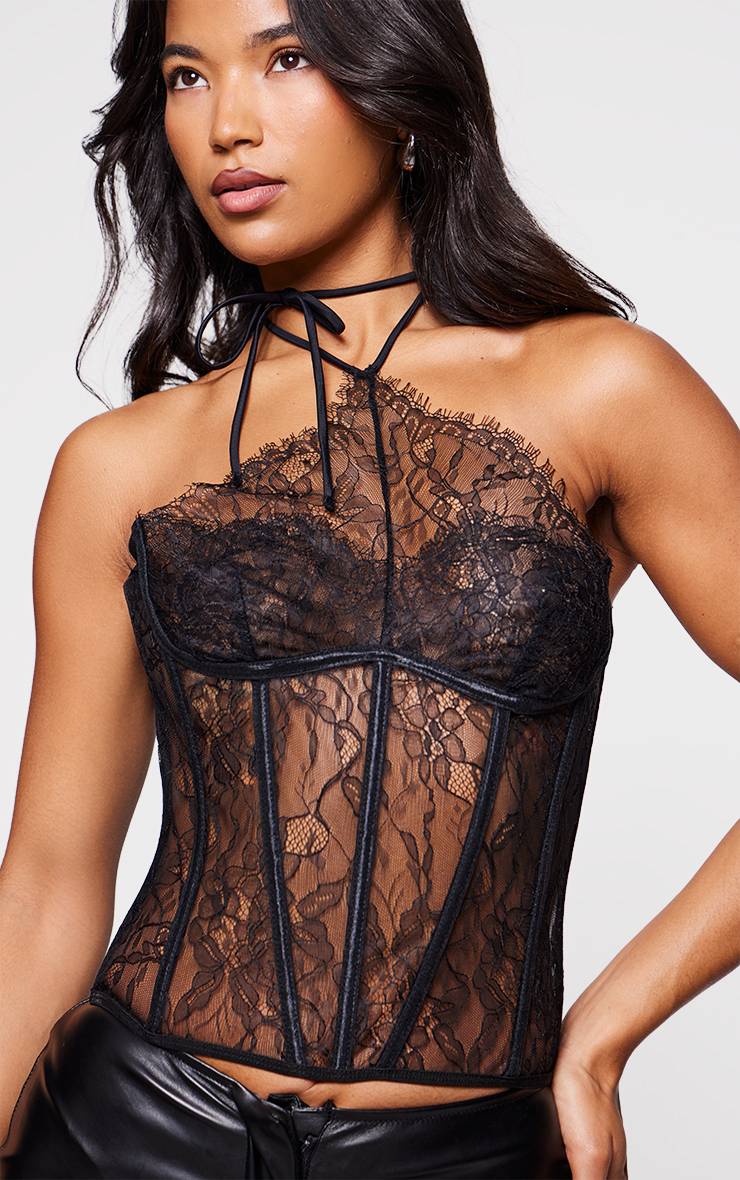 Noir Corset En Dentelle À Baleines Avec Détail Collier