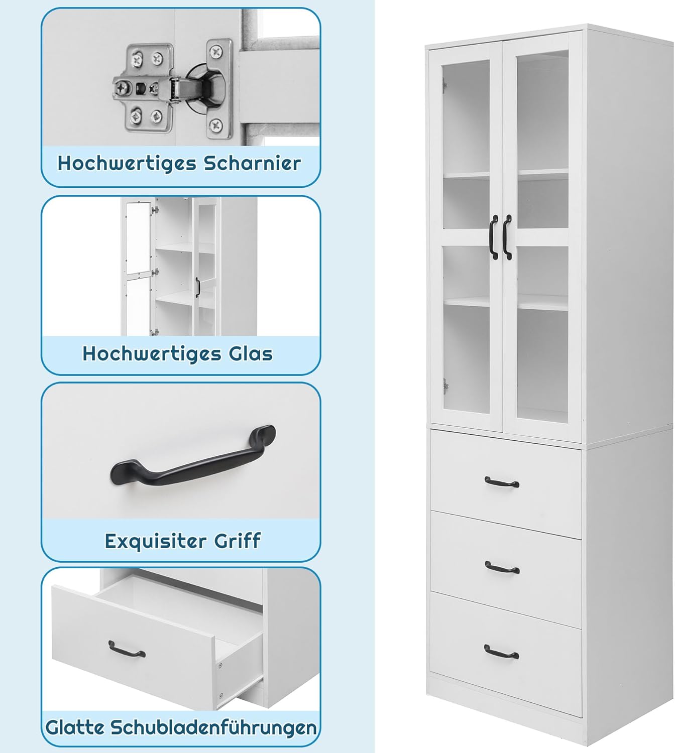 Merax Vitrine mit LED-Lichtern, Modern Standvitrine mit 2 Glastüren und 3 Schubladen, Glasvitrine Highboard mit viel Stauraum, Aufbewahrungsschrank Bücherschrank für Wohnzimmer Büro Esszimmer, Weiß