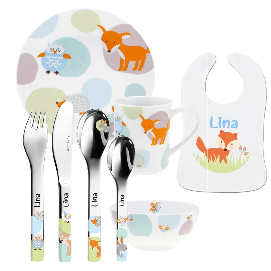 Schnullireich Geschenkset mit Namen Woody: Puresigns Kinderbesteck + Geschirr + Lätzchen Silber