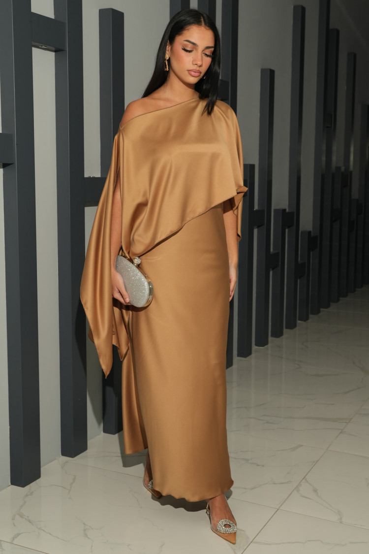 Robe 2 pièces bustier + poncho satiné camel