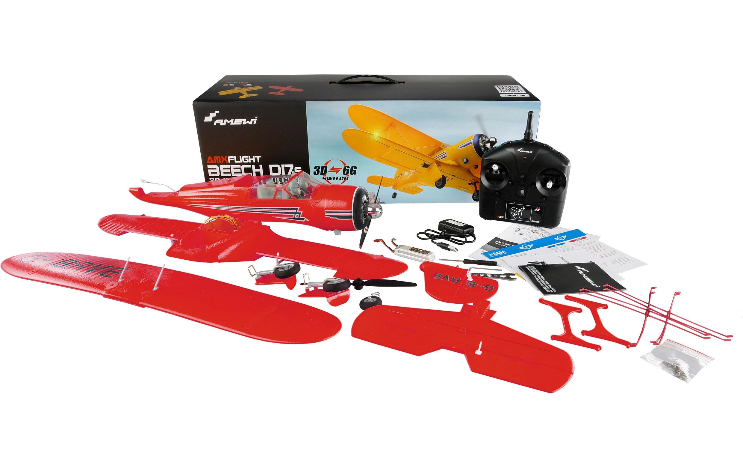 Motorflugzeug AMXflight Beech D17s Rot, 3D, 6G, RTF<br>3D/6G-Gyro fertig eingebaut: Somit voll einsteigertauglich samt zusätzlicher Anschlüsse am Empfänger für S-Bus und DSM-Empfänger