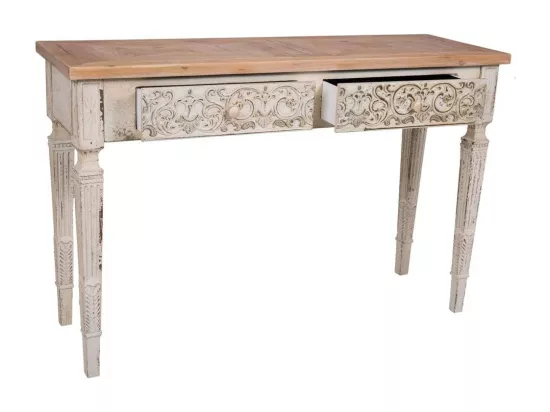 Console en bois blanc vieilli et naturel avec 2 tiroirs 120x40x78h cm