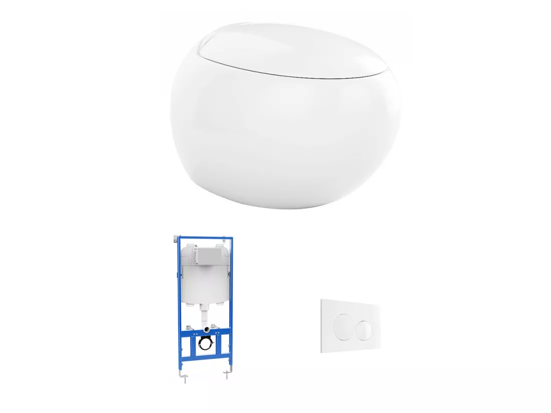 Pack WC suspendu en céramique blanc avec bâti-support et plaque de déclenchement - HURO II