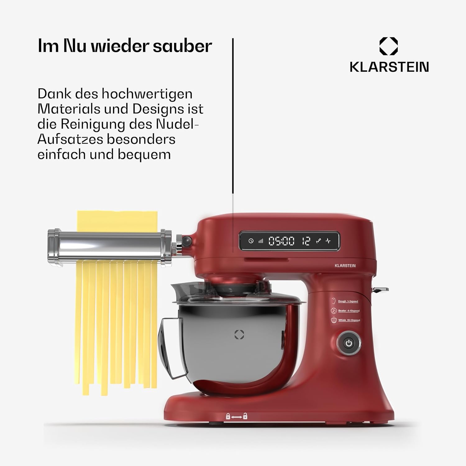 Klarstein Chiara Küchenmaschine Nudelaufsatz – 3-in-1 Pasta-Zubehör, Edelstahl, Spülmaschinenfest, 8 Stufen, Fettuccine & Spaghetti-Schneider, Kompatibel mit Chiara Küchenmaschine