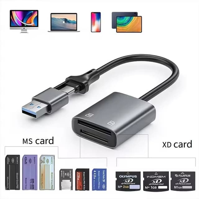 NÖRDIC USB-C/USB-A kortlæser 2 slots MS, xD UHS-I