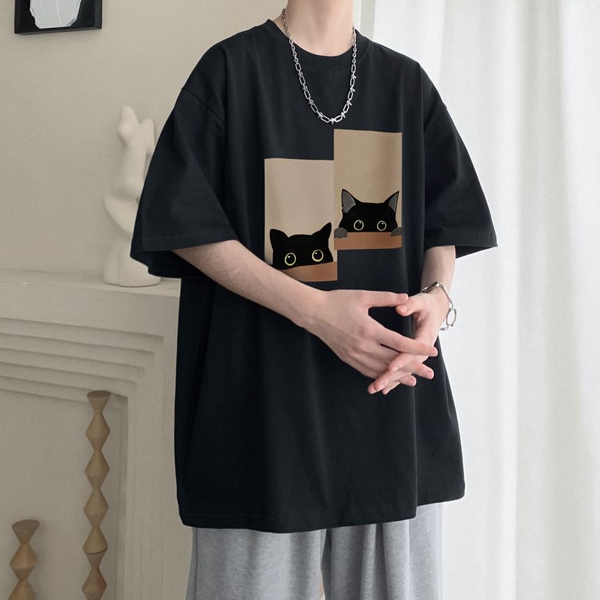 Lingaris - T-shirt met ronde hals en kattenprint, met elleboogmouwen