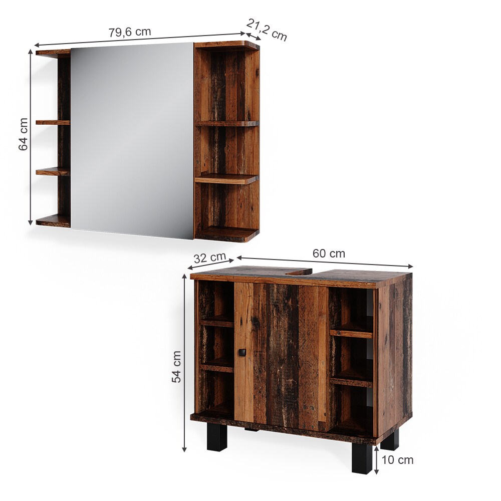 Vicco Badmöbelset Waschtischunterschrank Spiegelschrank Fynn Old Style