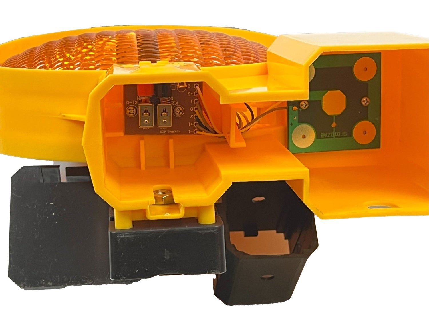 UVWARN zwaailicht, gele LED + 1 batterij, 6 volt, 200mm lens, L6, DIN EN12352, enkelzijdig / rode behuizing