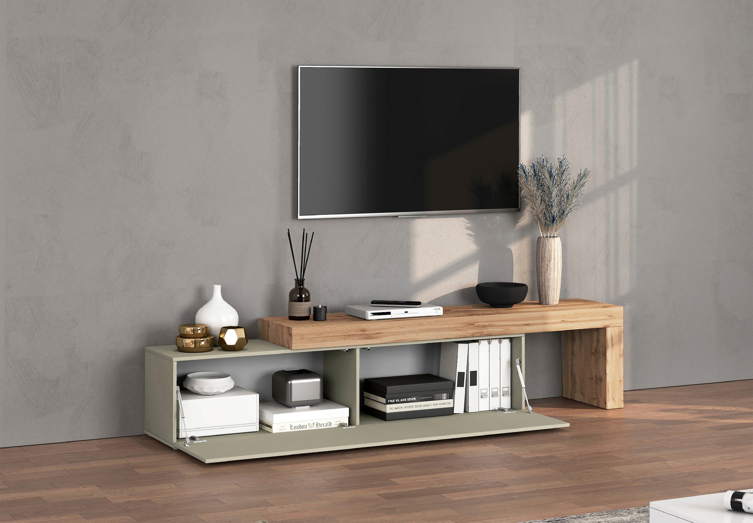 INOSIGN Lowboard »Chronos TV-Board, TV-Schrank« Breite verstellbar von 190 bis 350 cm, 1 Stk. tlg. Breite 270 cm TV-Board,Lowboard,1 Klappe und ein L-Förmiger Aufsatz