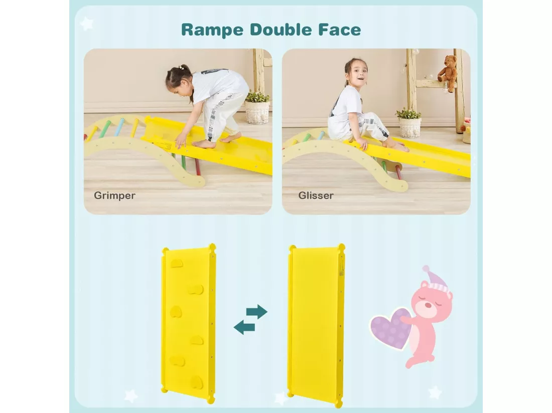 4 en 1 Triangle d'escalade Enfants avec Rampe Réversible &Réglable, Jouet d'arc d'escalade Moderne en Bois avec Coussin Doux pour Glisser Grimper, Charge 60KG pour Enfants de 1 Ans+