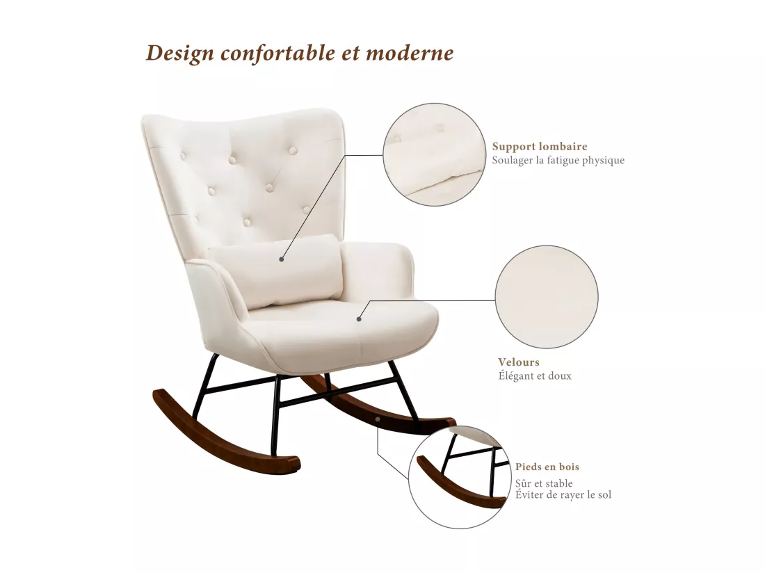 Fauteuil à Bascule Rembourré en Velours Moderne pour Salon, Chaise à Bascule à Dossier Haut avec Pieds en Bois, Beige