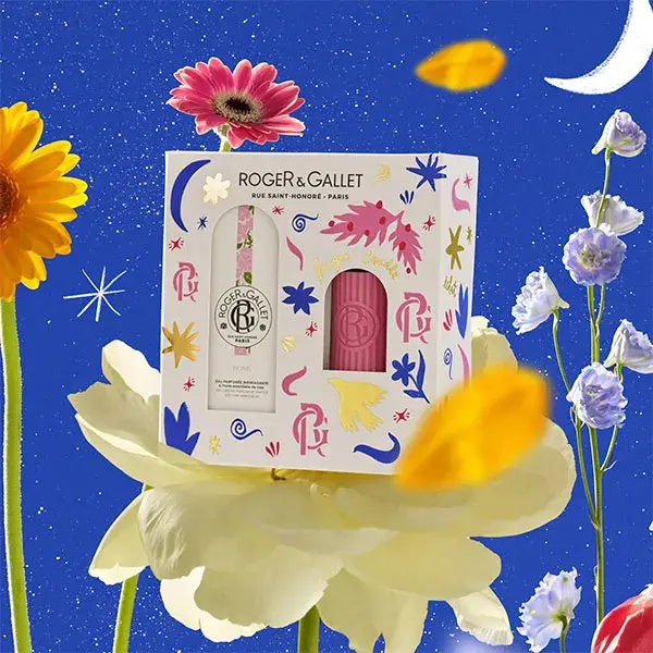Conjunto de presente Roger & Gallet: Água perfumada de rosas benéficas 100ml e vela perfumada.
