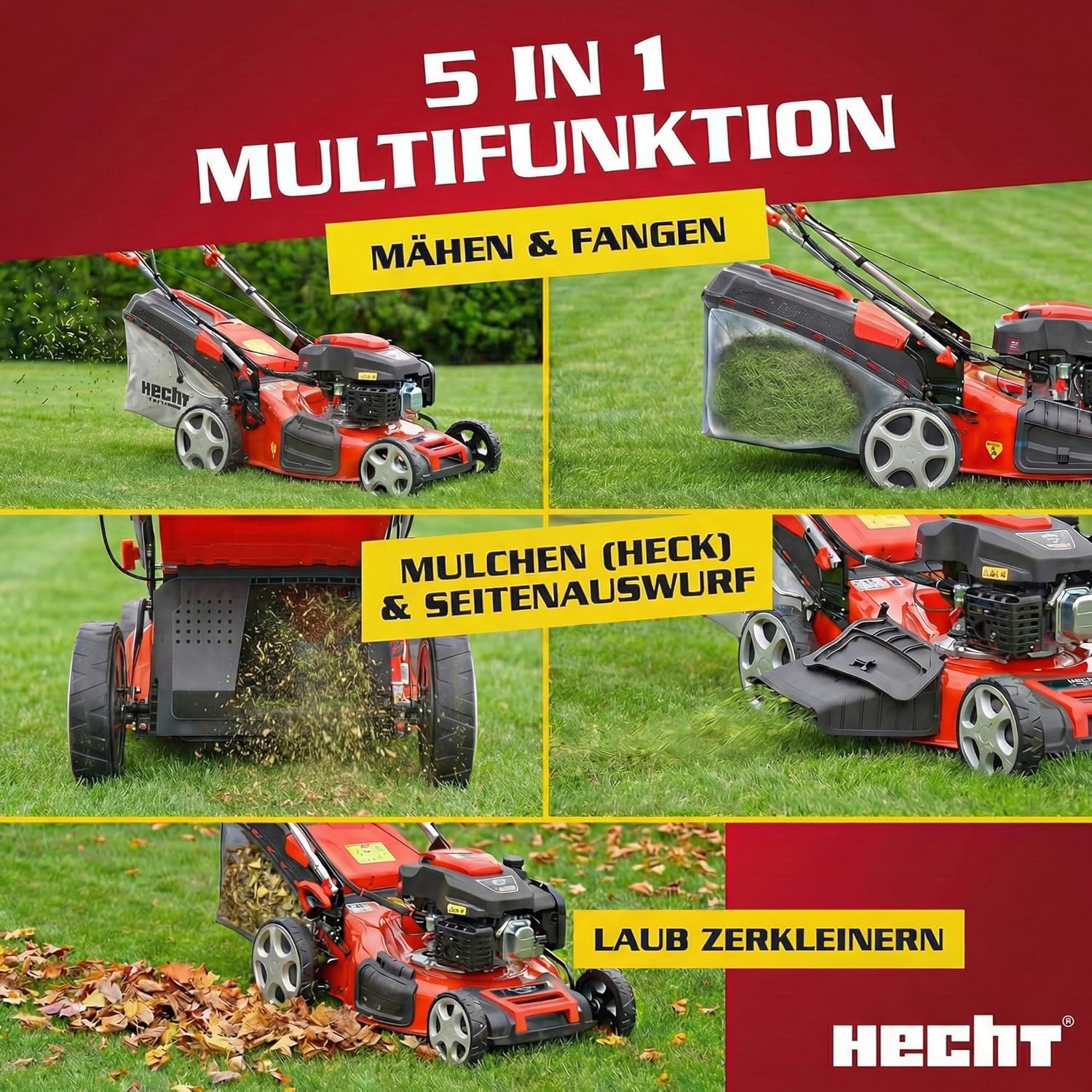 HECHT 5-IN-1 Benzin Rasenmäher – leistungsstarker 4 Takt Motor 4,0 kW (5,5 PS) – Elektrostart – 51 cm Schnittbreite – 65 l Fangkorb – Radantrieb – patentierte Räder – Mulchmäher Rasenmäher