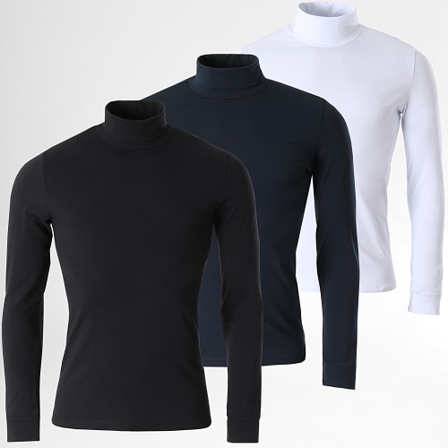 Lot De 3 Tee Shirts Col Roulé Manches Longues Unis 1991 Noir Bleu Marine Blanc