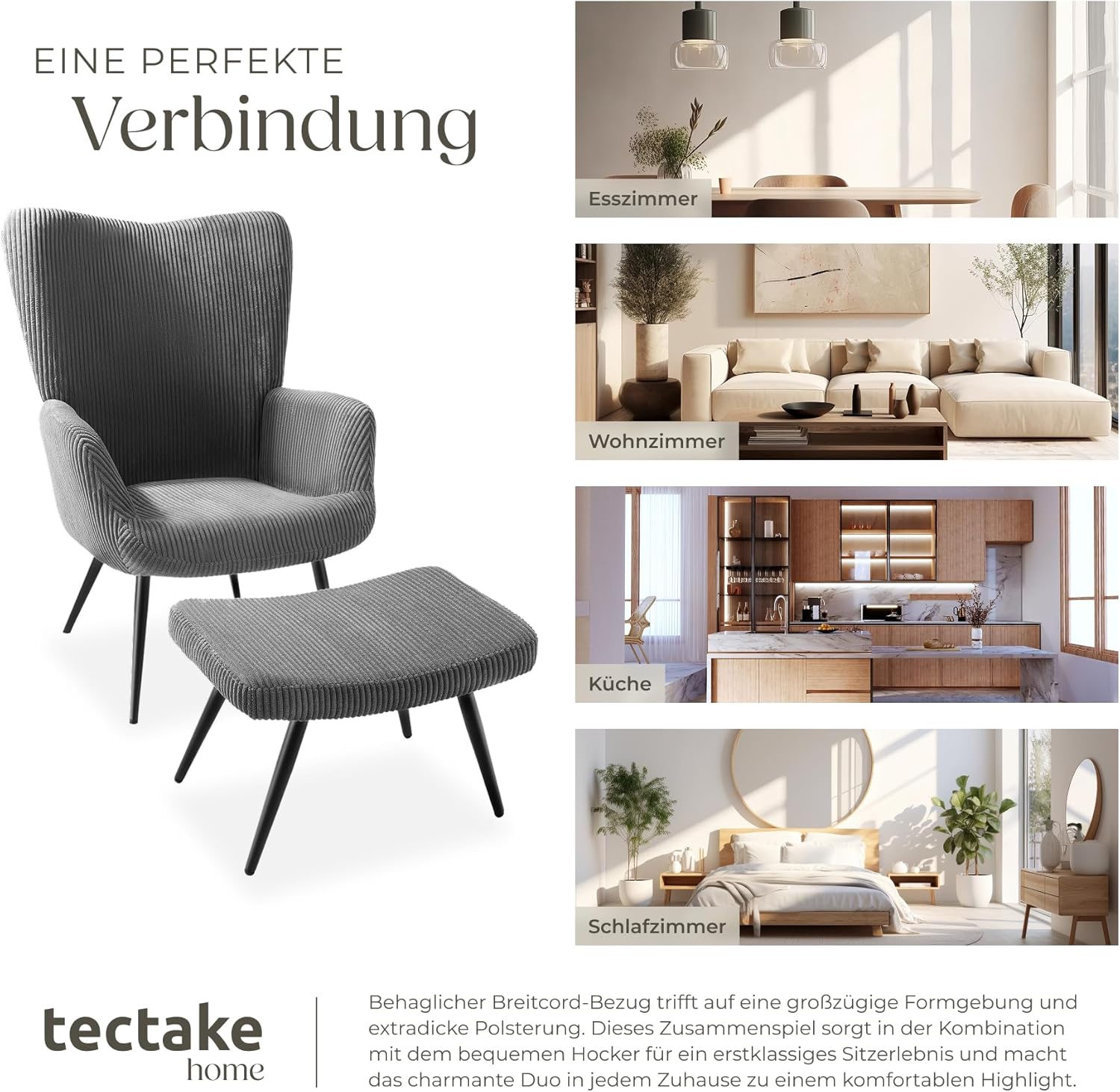 tectake® Skandinavischer Stil Ohrensessel, Sessel Hygge mit Hocker, Breitcordbezug, Sessel Wohnzimmer, Schlafzimmer, Esszimmerstuhl, Statement Loungesessel, belastbar bis 150 kg - anthrazit/schwarz
